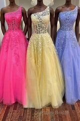One Shoulder Lace Long Formal Prom Dress, Lace Formal Evening Dress
