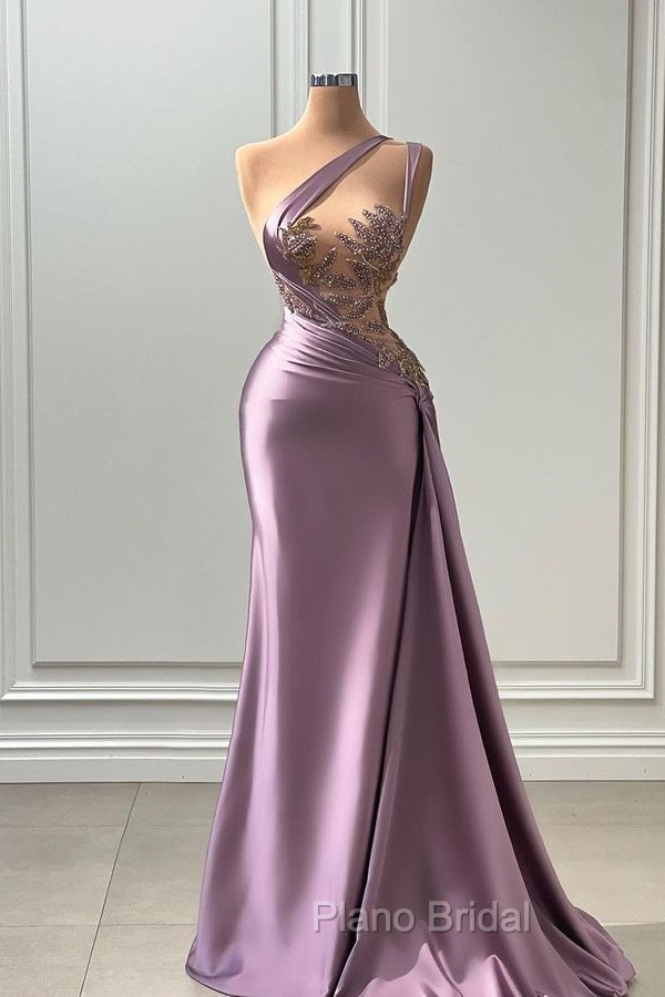 One shoulder Lavender A-line Satin Long Formal Prom Dresses
