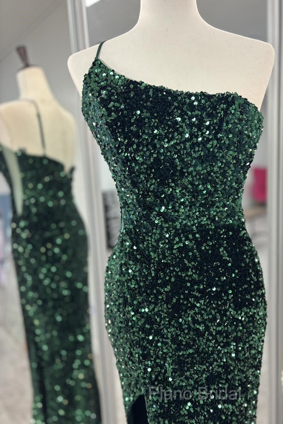 One Shoulder Long Emerald Green Formal Prom Dresses Mermaid Sequin Secondary image