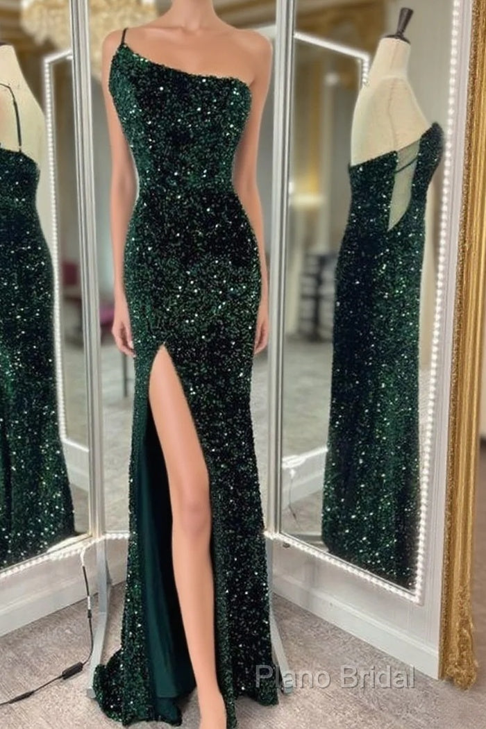 One Shoulder Long Emerald Green Formal Prom Dresses Mermaid Sequin