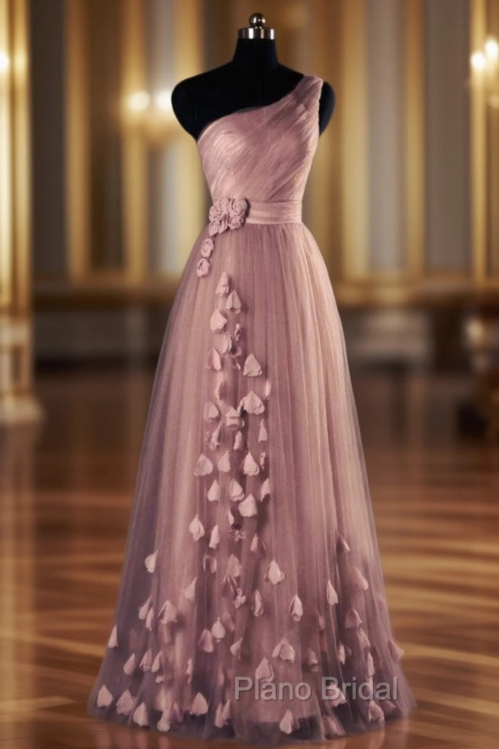 One-Shoulder Long/Floor-Length A-Line/Princess Tulle Formal Prom Dresses With Flowers Waistband Main image