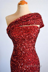 One Shoulder Long Sequins Formal Dresses Burgundy Mermaid