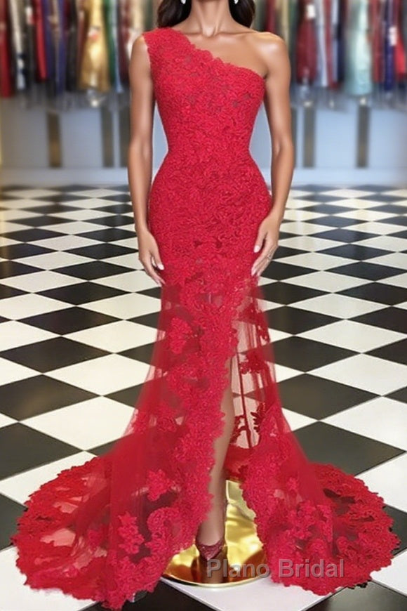 One Shoulder Mermaid Red Lace Long Formal Prom Dresses with High Slit Main image