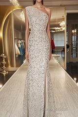 One Shoulder Mermaid Sequins Ivory Long Formal Prom Dress, Open Back Mermaid Ivory Formal Dress, Sequins Ivory Evening Dress