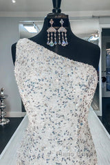 One Shoulder Mermaid Sequins Ivory Long Formal Prom Dress, Open Back Mermaid Ivory Formal Dress, Sequins Ivory Evening Dress