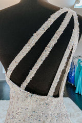 One Shoulder Mermaid Sequins Ivory Long Formal Prom Dress, Open Back Mermaid Ivory Formal Dress, Sequins Ivory Evening Dress