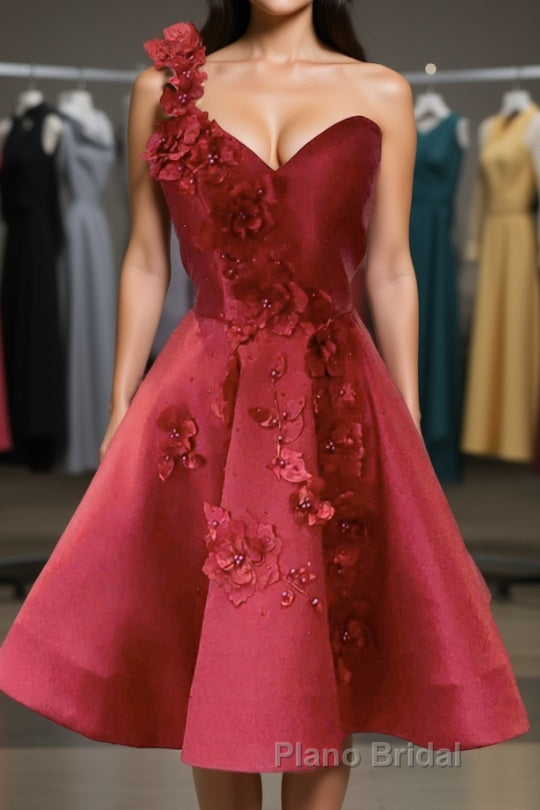 One Shoulder Open Back Burgundy Floral Short Formal Prom Dress, Wine Red Floral Formal Evening Homecoming Dress