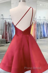 One Shoulder Open Back Burgundy Floral Short Formal Prom Dress, Wine Red Floral Formal Evening Homecoming Dress
