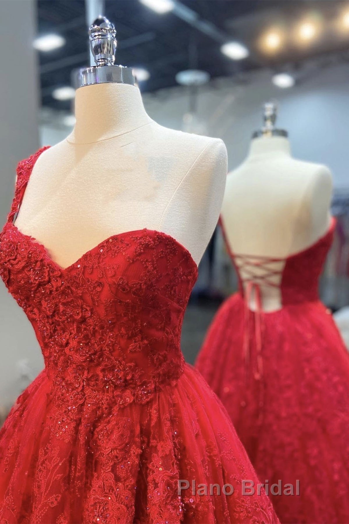 One Shoulder Open Back Red Lace Long Formal Prom Dresses, Sweetheart Neck Red Lace Formal Dresses, Red Evening Dresses Main image