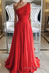 One Shoulder Open Back Red Long Formal Prom Dresses, Backless Red Formal Graduation Evening Dresses