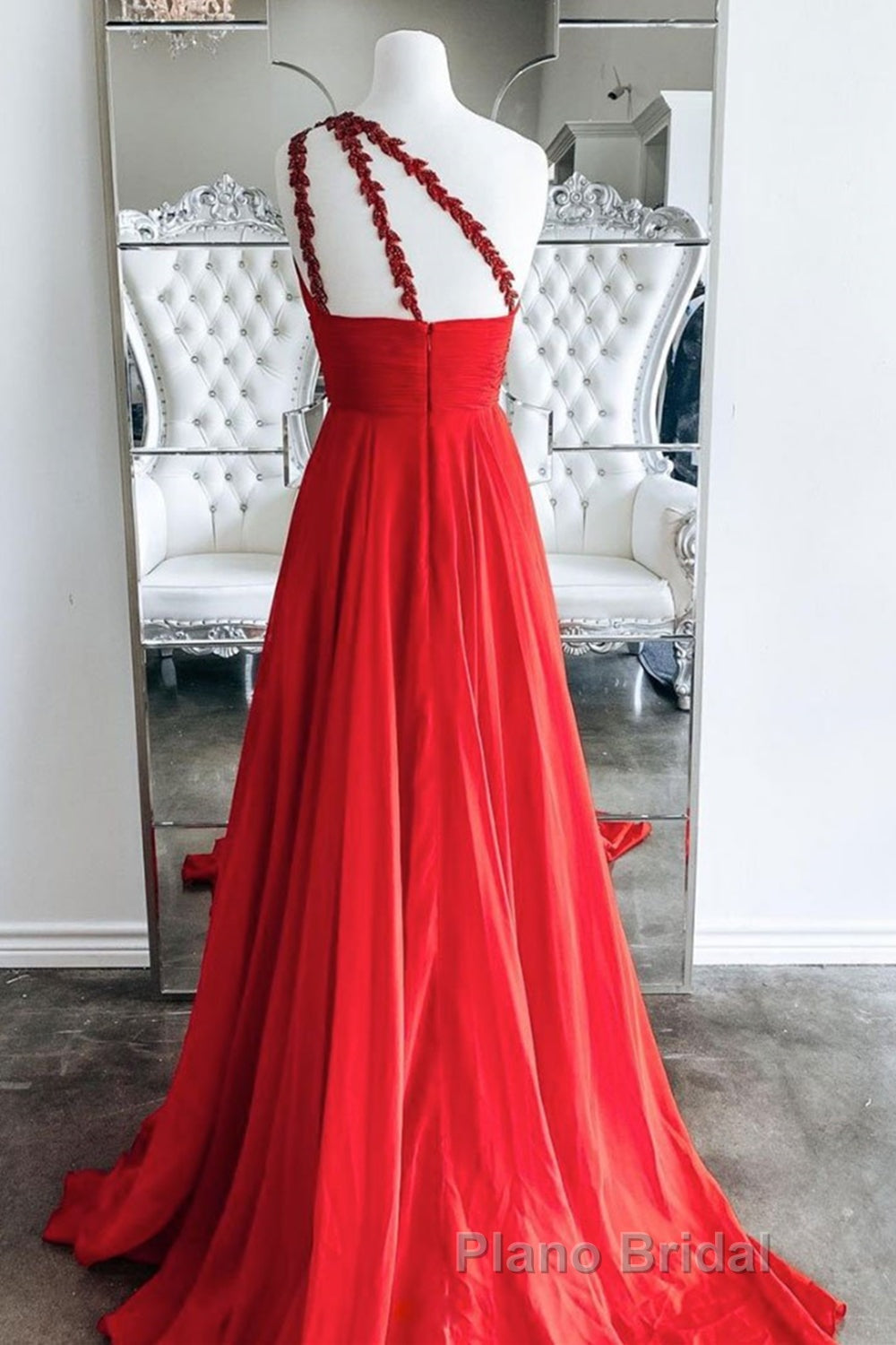 One Shoulder Open Back Red Long Formal Prom Dresses, Backless Red Formal Graduation Evening Dresses