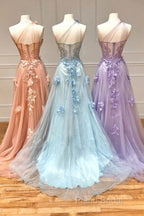 One Shoulder Pink/Blue/Purple Lace Floral Long Formal Prom Dresses