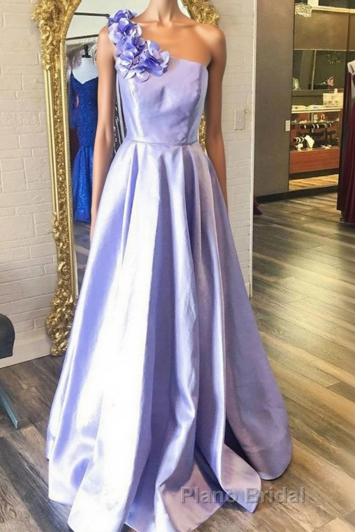 One Shoulder Purple Satin Long Formal Prom Dresses with Flowers, Purple Formal Evening Dresses Main image