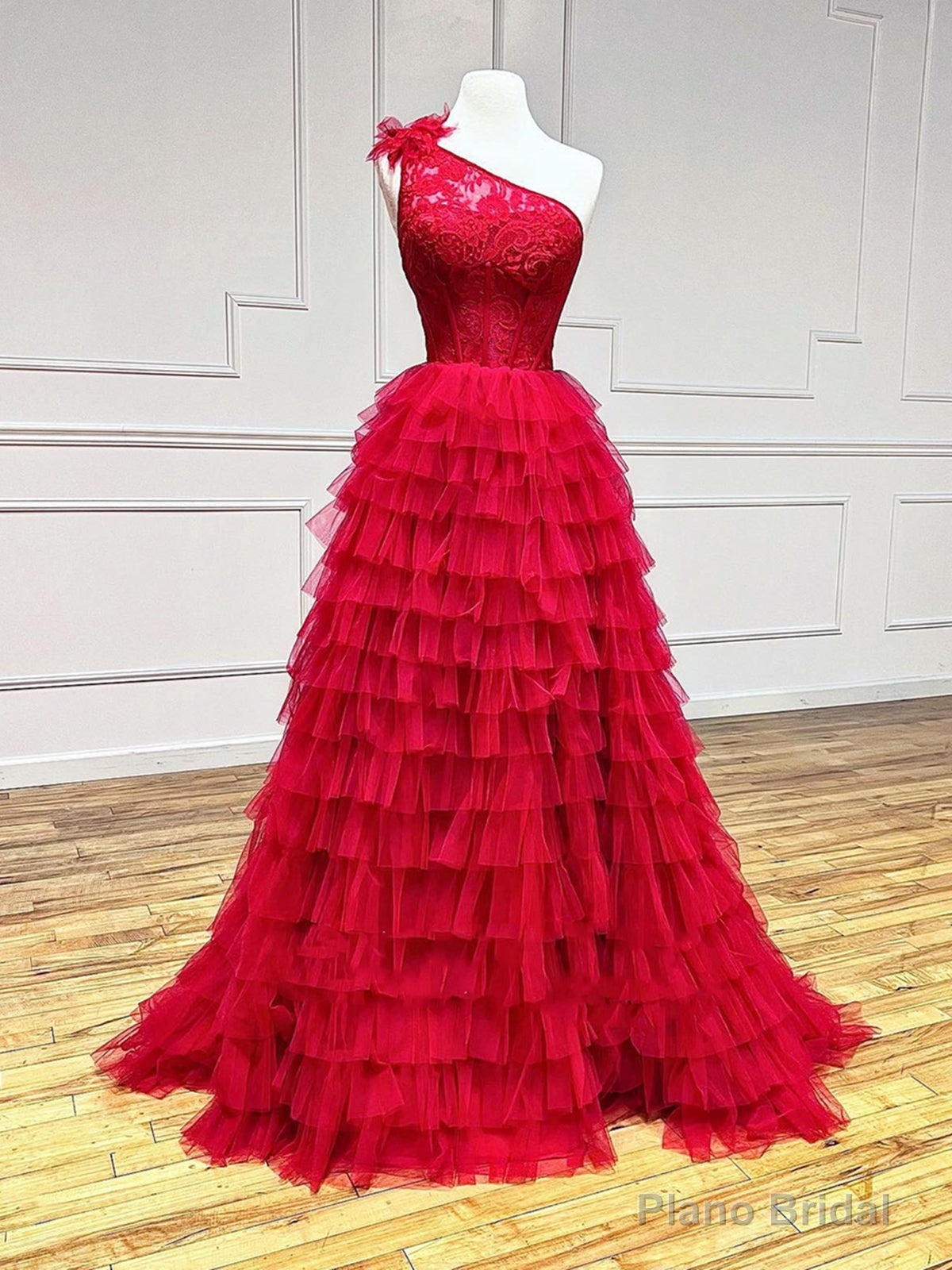 One Shoulder Red Lace High Low Prom Dresses, Red High Low Lace Formal Evening Dresses Main image