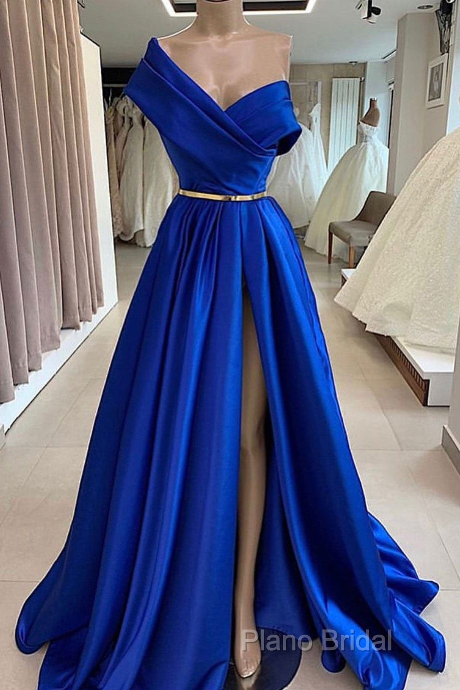One Shoulder Royal Blue Floor Length Formal Prom Dresses With High Slit, High Slit Royal Blue Long Formal Dresses Secondary image