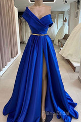 One Shoulder Royal Blue Floor Length Formal Prom Dresses With High Slit, High Slit Royal Blue Long Formal Dresses