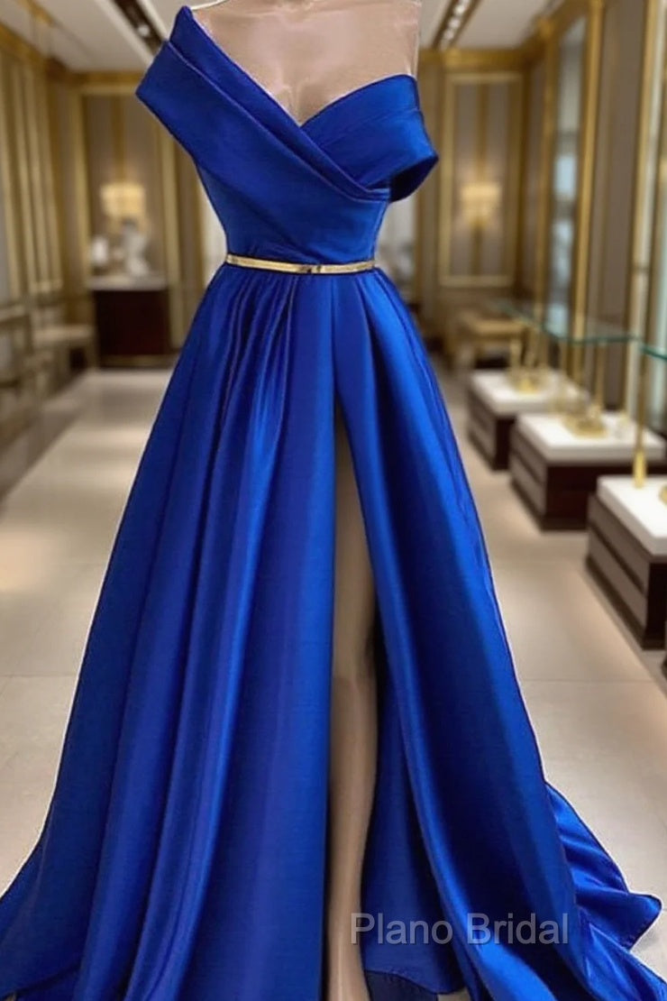 One Shoulder Royal Blue Floor Length Formal Prom Dresses With High Slit, High Slit Royal Blue Long Formal Dresses Main image
