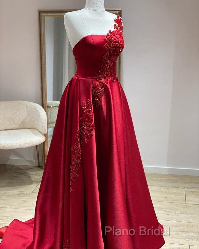 One Shoulder Satin Floor Length Formal Prom Dresses Appliques Secondary image