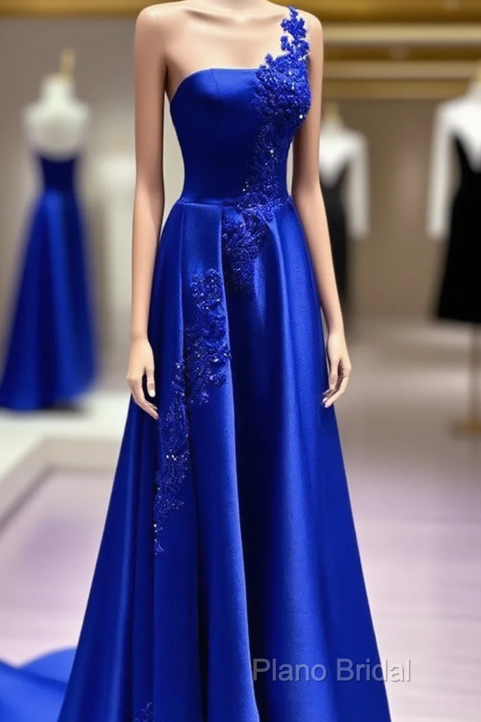 One Shoulder Satin Floor Length Formal Prom Dresses Appliques Main image