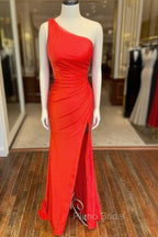 One Shoulder Satin Formal Dresses With Slit