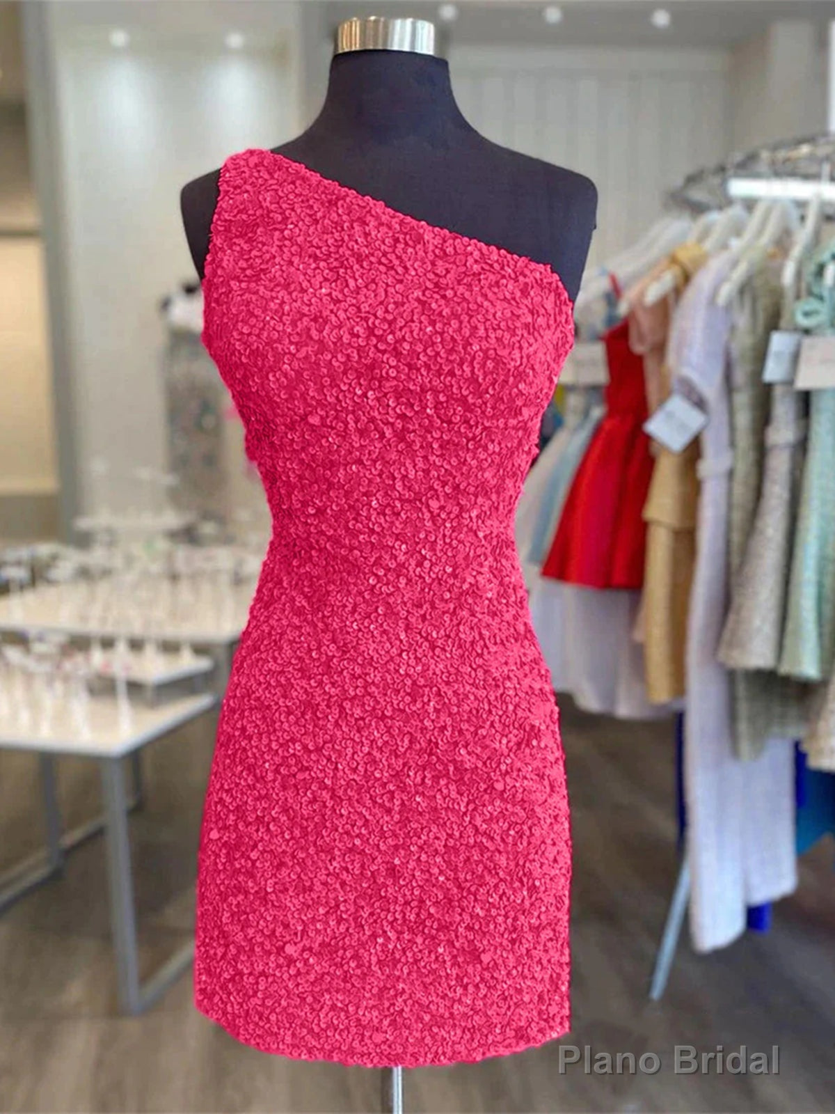 One Shoulder Short Hot Pink Prom Dresses, One Shoulder Short Hot Pink Formal Homecoming Dresses Main image