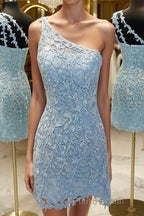 One Shoulder Short Lace Formal Prom Dresses, Short Lace Formal Homecoming Dresses