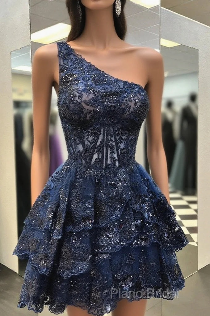 One Shoulder Short Navy Blue Lace Formal Prom Dresses, One Shoulder Short Navy Blue Formal Homecoming Dresses Main image