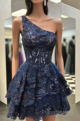 One Shoulder Short Navy Blue Lace Formal Prom Dresses, One Shoulder Short Navy Blue Formal Homecoming Dresses