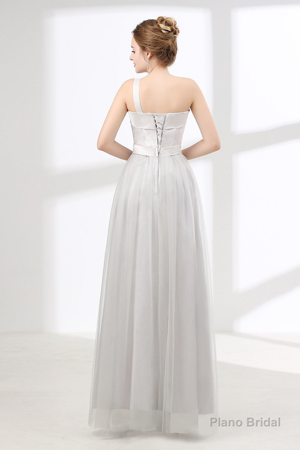 One Shoulder Soft Gray Floor Length Prom Dresses