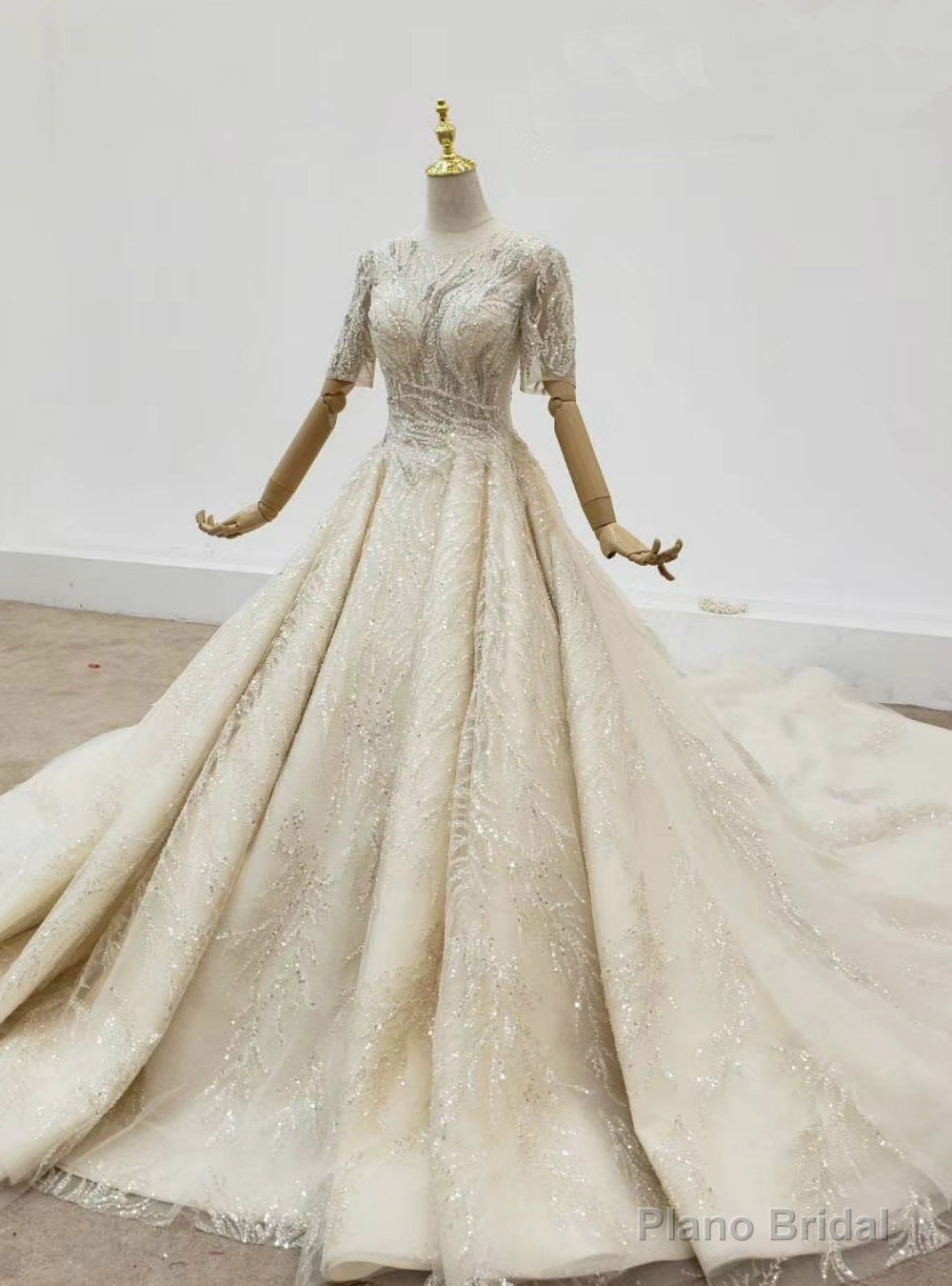 Online Store Champagne Tulle Sequins Beading Short Sleeve Wedding Dress Main image