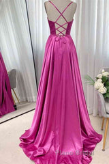 Open Back Fuchsia Satin Ruched Long Formal Prom Dress, Long Fuchsia Formal Graduation Evening Dress