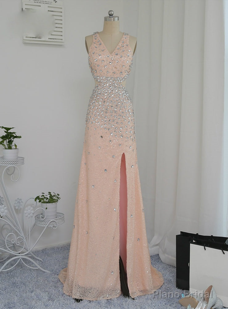 Open Back Prom Dresses A-line V-neck Champagne Slit Sexy Sequins Crystals Main image