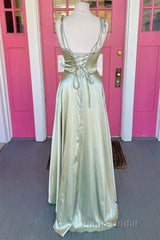 Open Back Sage Satin Long Formal Prom Dress with High Slit, Long Sage Formal Graduation Evening Dress