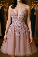 Open Back V Neck Pink Lace Appliques Formal Prom Dress, Pink Lace Homecoming Dress, Short Pink Formal Graduation Evening Dress