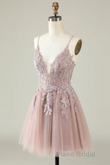Open Back V Neck Pink Lace Appliques Formal Prom Dress, Pink Lace Homecoming Dress, Short Pink Formal Graduation Evening Dress
