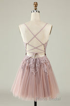 Open Back V Neck Pink Lace Appliques Formal Prom Dress, Pink Lace Homecoming Dress, Short Pink Formal Graduation Evening Dress