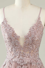 Open Back V Neck Pink Lace Appliques Formal Prom Dress, Pink Lace Homecoming Dress, Short Pink Formal Graduation Evening Dress