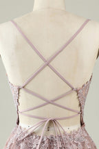 Open Back V Neck Pink Lace Appliques Formal Prom Dress, Pink Lace Homecoming Dress, Short Pink Formal Graduation Evening Dress