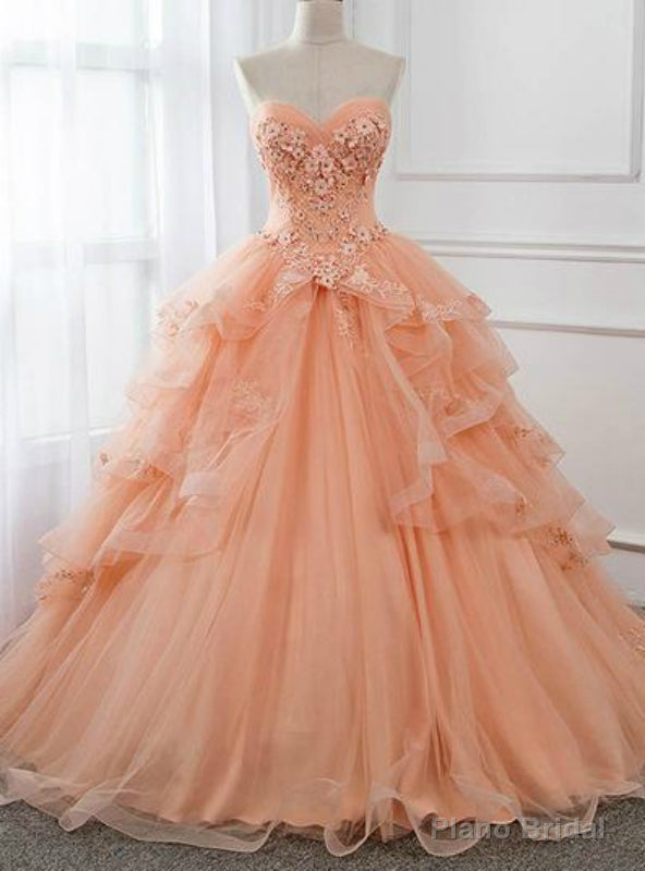 Orange Ball Gown Tulle Strapless Ruffles Long Sweet 16 Quinceanera Dresses Main image