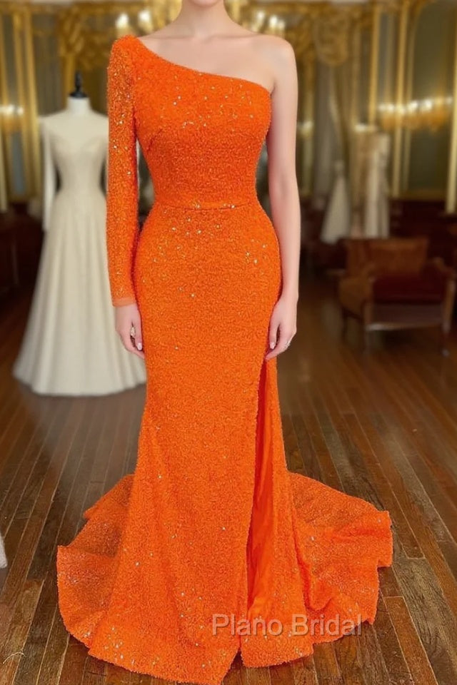 Orange Long Sleeve Sequined Formal Prom Dresses With Slit Main image