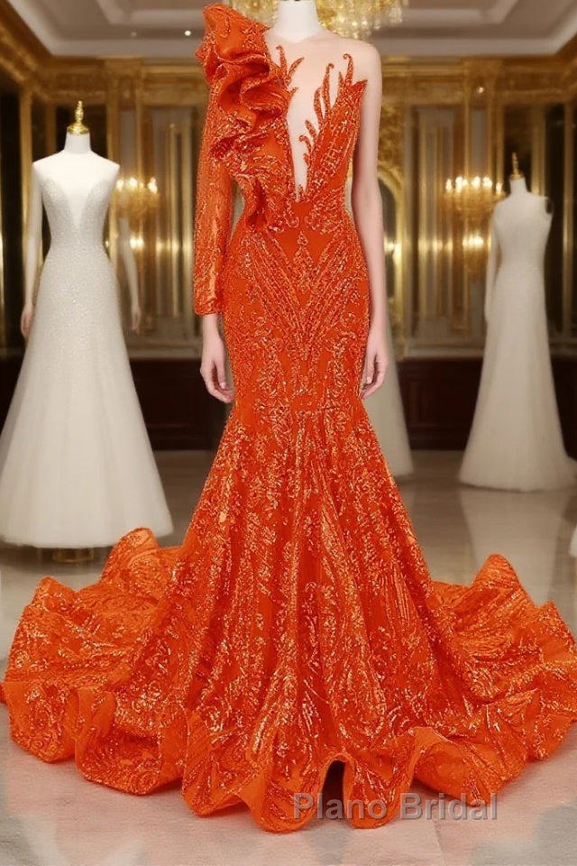 Orange Mermaid One Sleeve Formal Prom Dresses Sequined Lace Jewel Ruffles Evening Party Dress with Appliques Main image