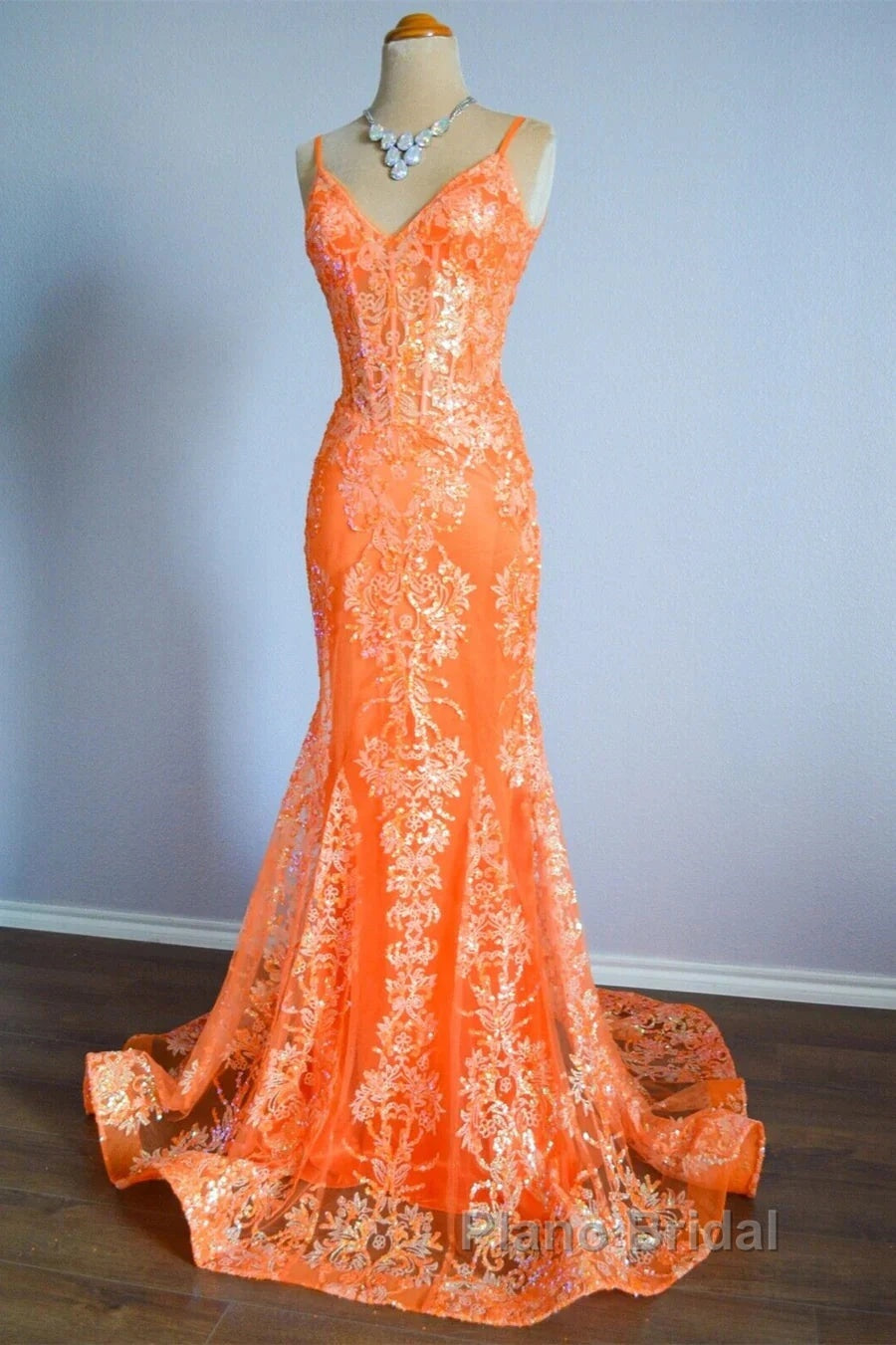 Orange Mermaid Spaghetti Straps Sequins Applique Long Formal Prom Dresses Tulle Evening Dresses Secondary image