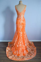 Orange Mermaid Spaghetti Straps Sequins Applique Long Formal Prom Dresses Tulle Evening Dresses