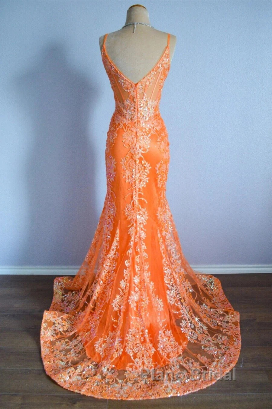 Orange Mermaid Spaghetti Straps Sequins Applique Long Formal Prom Dresses Tulle Evening Dresses