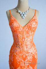 Orange Mermaid Spaghetti Straps Sequins Applique Long Formal Prom Dresses Tulle Evening Dresses