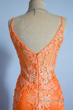 Orange Mermaid Spaghetti Straps Sequins Applique Long Formal Prom Dresses Tulle Evening Dresses