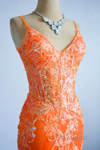 Orange Mermaid Spaghetti Straps Sequins Applique Long Formal Prom Dresses Tulle Evening Dresses