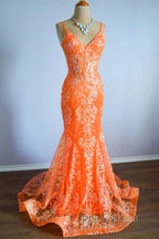 Orange Mermaid Spaghetti Straps Sequins Applique Long Formal Prom Dresses Tulle Evening Dresses