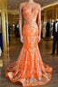 Orange Mermaid Spaghetti Straps Sequins Applique Long Formal Prom Dresses Tulle Evening Dresses