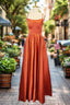 Orange Satin Prom Dresses A-line Square Neckline Spaghetti Straps Sweep Train Evening Dresses
